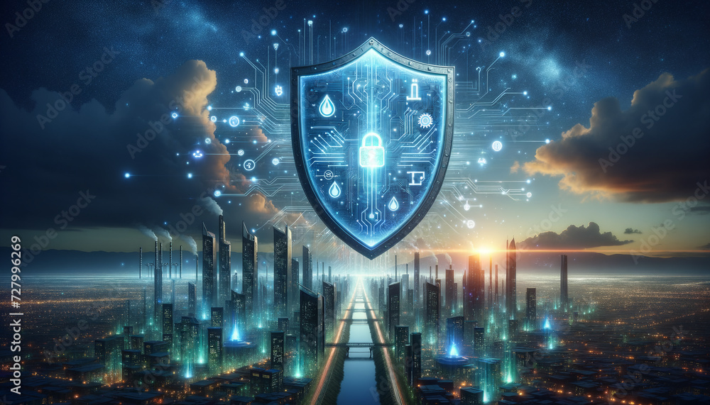 Futuristic cityscape protected by glowing shield - Cybersecurity for utilities. - obrazy, fototapety, plakaty 