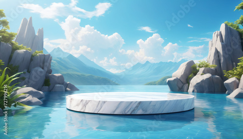 Getaway Destination  Serene Lake with Modern Floating Platform  Nature  Tranquility  Landscape