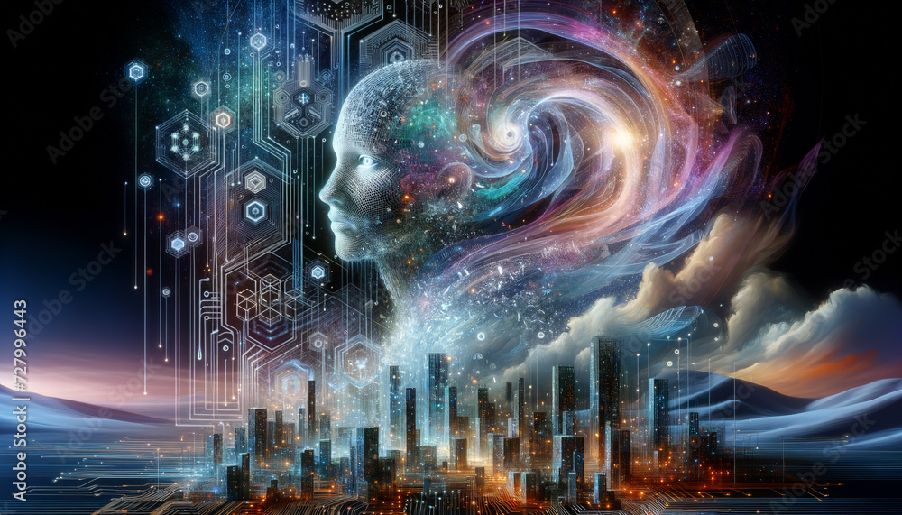 Cybersecurity Guardian: Ethereal figure protects digital realm with holographic patterns. Surreal skyline, digital auroras, and pixelated clouds.