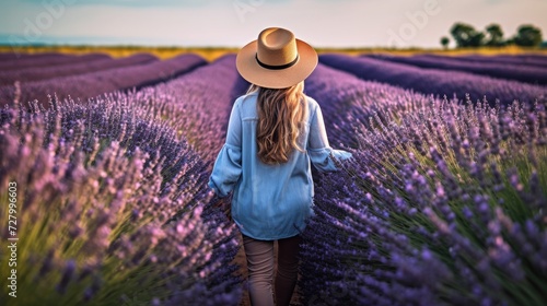 Woman with long hair and a hat walking through in purple lavender flowers field