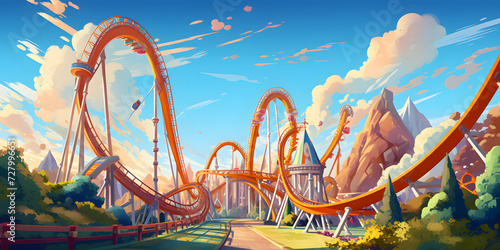 Cartoon rollercoaster, rollercoaster, amusement park, cartoon amusement park © MrJeans