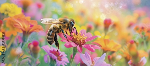 Buzzing Bee in the Vibrant Flower Garden: Bees, Blooming Flowers, and Lively Garden Vibes photo