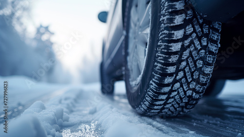 Close-up of car tire on snowy road in winter © tiagozr