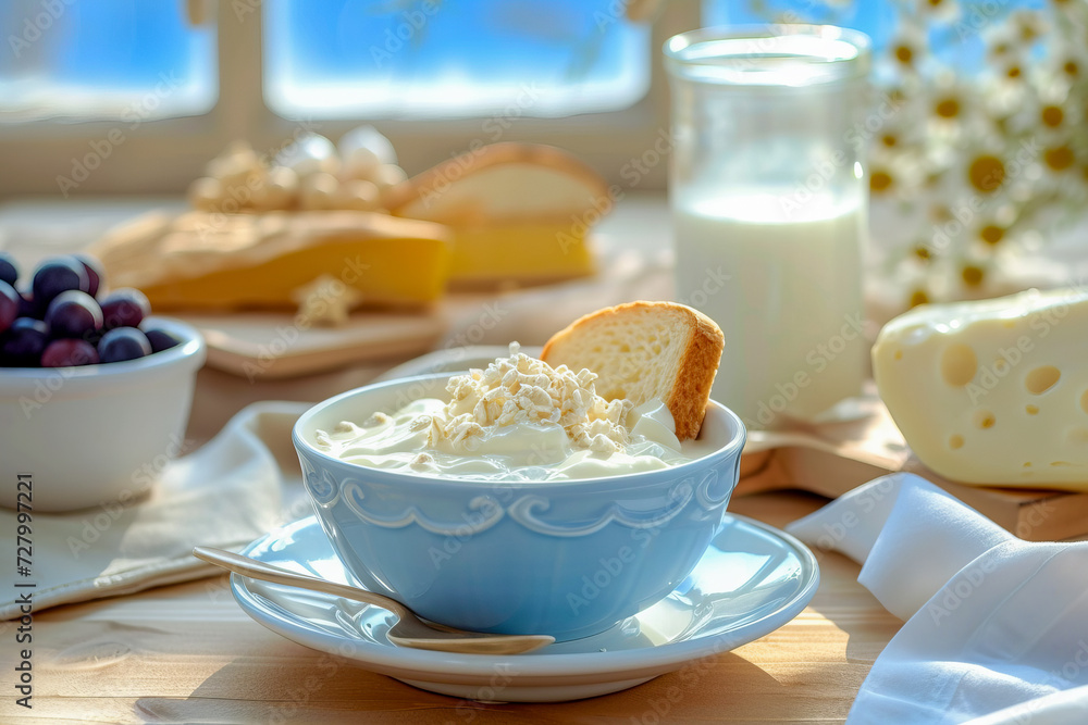 Breakfast with a variety of dairy products, such as cereals with milk, toast with cheese, National Dairy Month Breakfast with a variety of dairy products, such as cereals with milk, toast with cheese, National Dairy Month