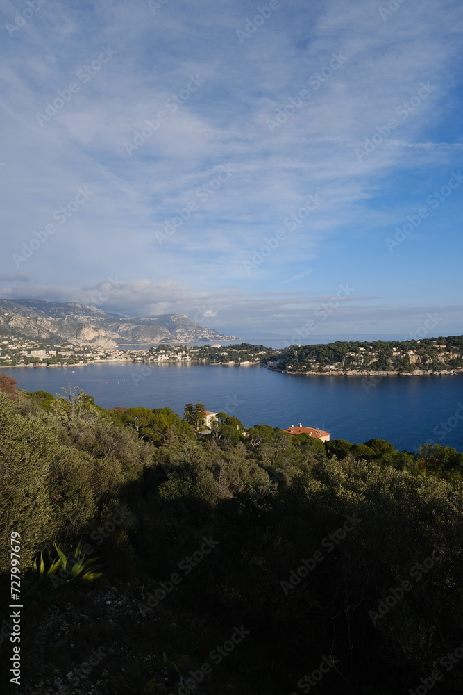 A panoramic view of Villefranche-sur-Mer and the Mediterranean sea from the Boron Mount. Nice, France, December 26, 2023.