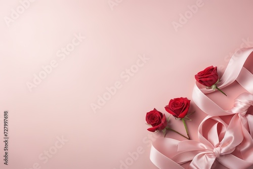 Valentine's Day roses, hearts, ribbon and lace over background
