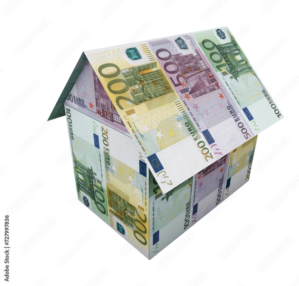Origami house with money. Euro banknotes. 3D render. Origami house with money. Euro banknotes. 3D render.