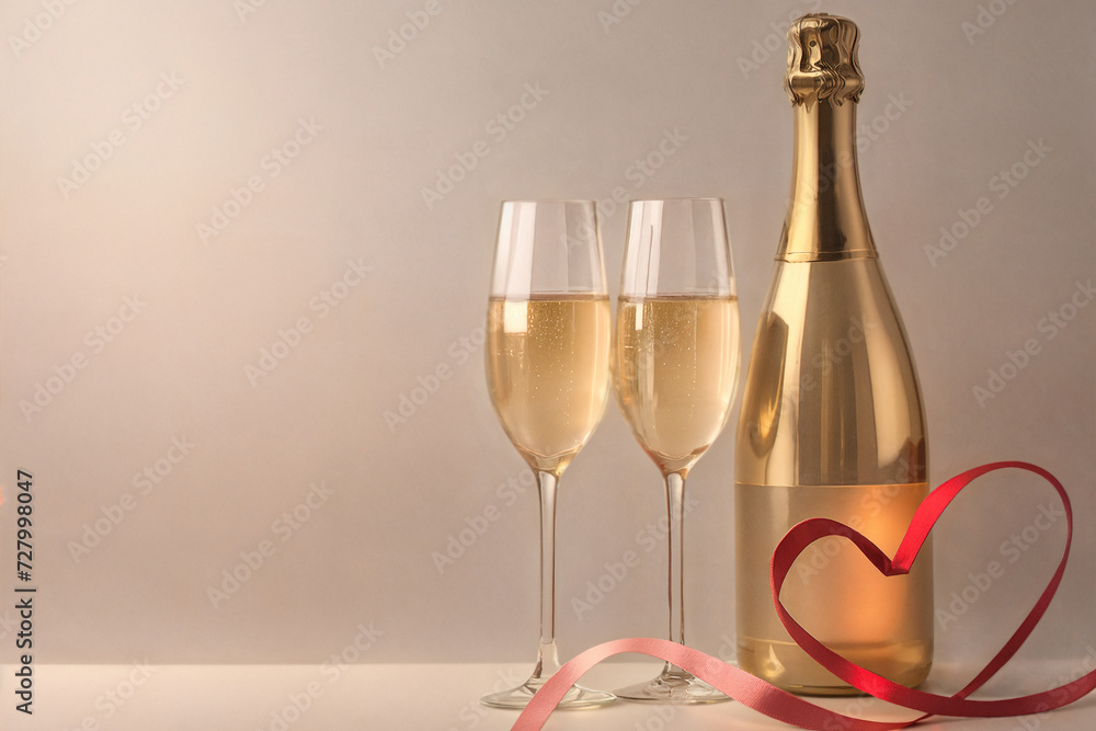 two glasses of champagne, red heart-shaped ribbon with space for text on a light background, valentine's day two glasses of champagne, red heart-shaped ribbon with space for text on a light background, valentine's day