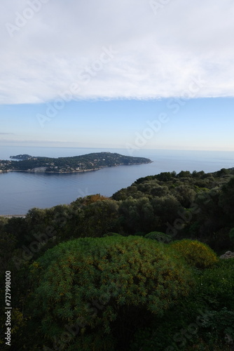 A panoramic view of Villefranche-sur-Mer and the Mediterranean sea from the Boron Mount. Nice, France, December 26, 2023.