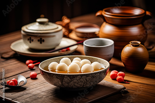 Experience the exquisite charm of Tang Yuan displayed on a rustic wooden table. This image evokes the cultural essence of these sweet Chinese glutinous rice dumplings. Perfect for culinary and cultura