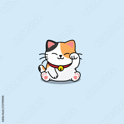 Maneki neko kawaii lucky cat three color cartoon, vector illustration