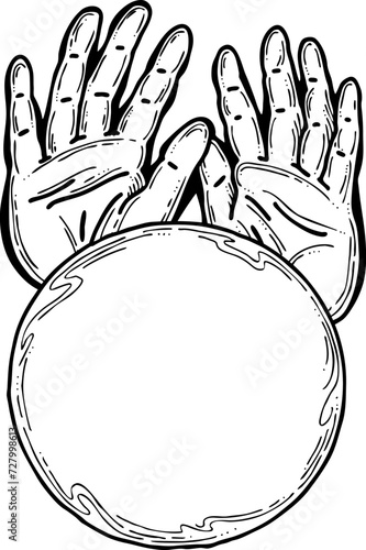 Open hands to care about important things. Background to show, offer and hold product. Magic palmistry prediction by two palms. Hand drawn retro vintage vector illustration. Old style line drawing.