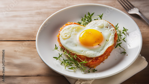  Top view of toast with fried egg on bread in heart shape. Valentine's Day breakfast with love.