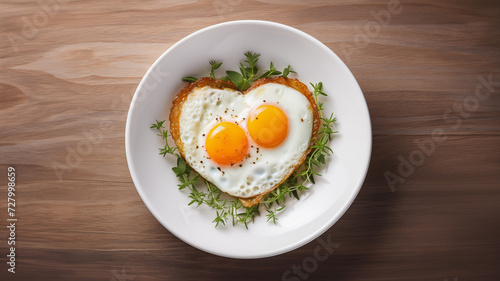  Top view of toast with two fried eggs on bread in heart shape. Valentine's Day breakfast with love.