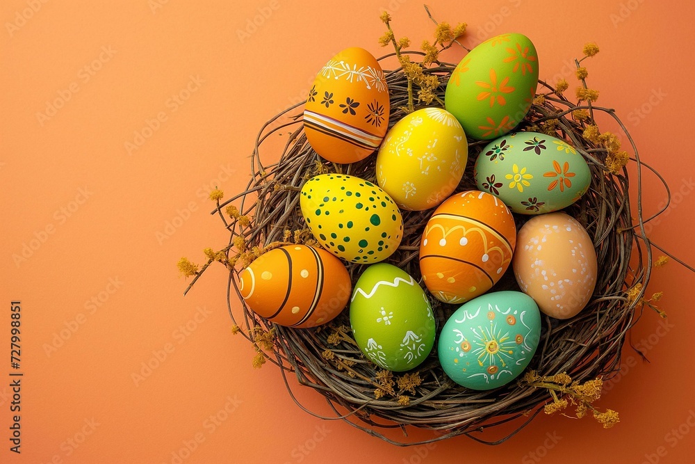 Colorful Array of Decorated Easter Eggs in a Nest