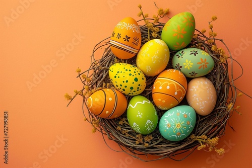 Obraz na płótnie Colorful Array of Decorated Easter Eggs in a Nest w salonie