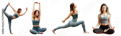 Obraz na plátně Woman demonstrating a sequence of yoga poses in a serene setting, highlighting flexibility, balance, and peaceful meditation in sporty attire