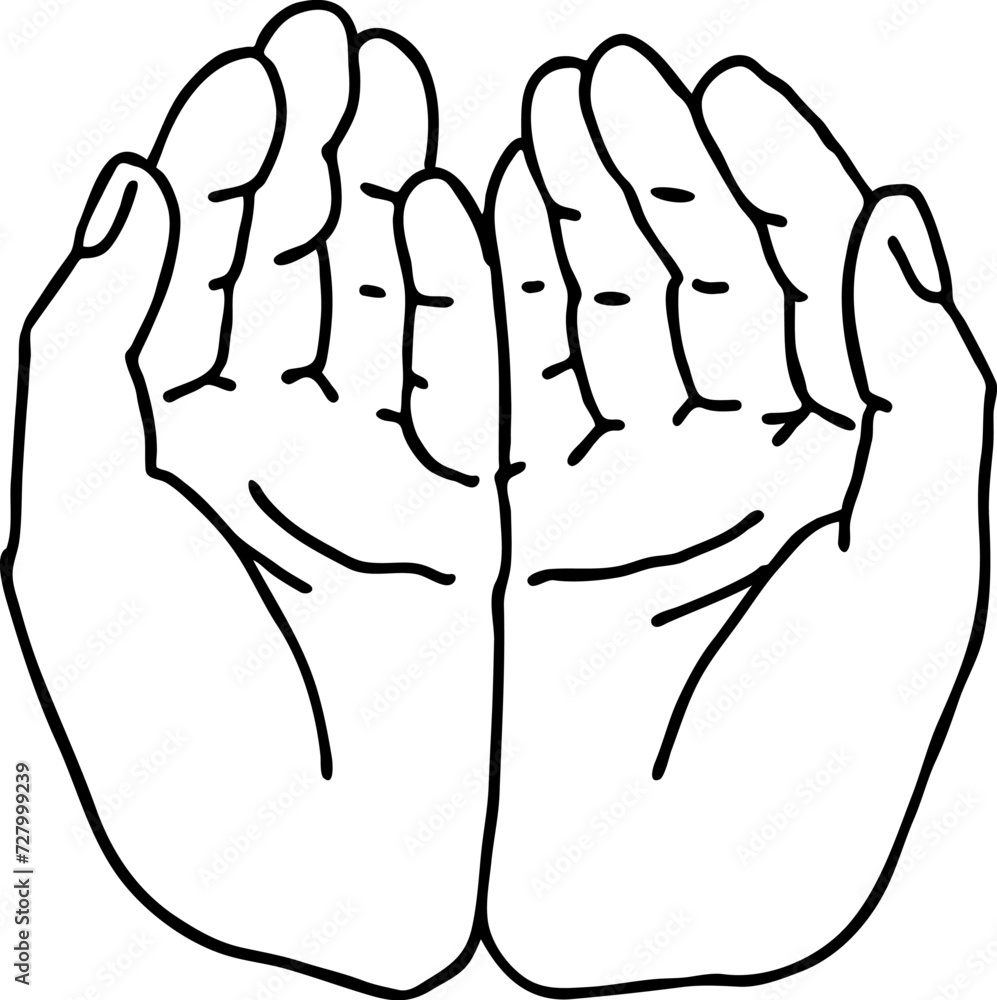 Open hands to care about important things. Background to show, offer and hold product. Magic palmistry prediction by two palms. Hand drawn retro vintage vector illustration. Old style line drawing. Open hands to care about important things. Background to show, offer and hold product. Magic palmistry prediction by two palms. Hand drawn retro vintage vector illustration. Old style line drawing.