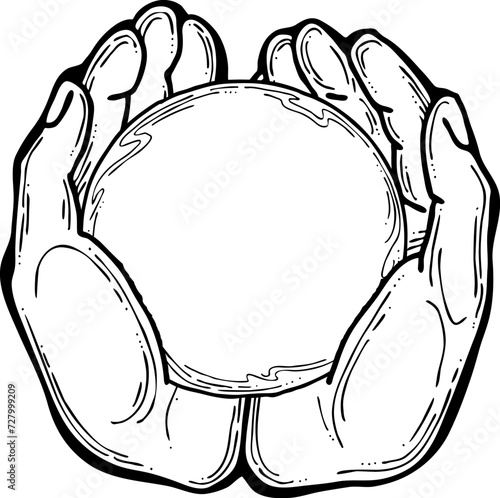 Open hands to care about important things. Background to show, offer and hold product. Magic palmistry prediction by two palms. Hand drawn retro vintage vector illustration. Old style line drawing.