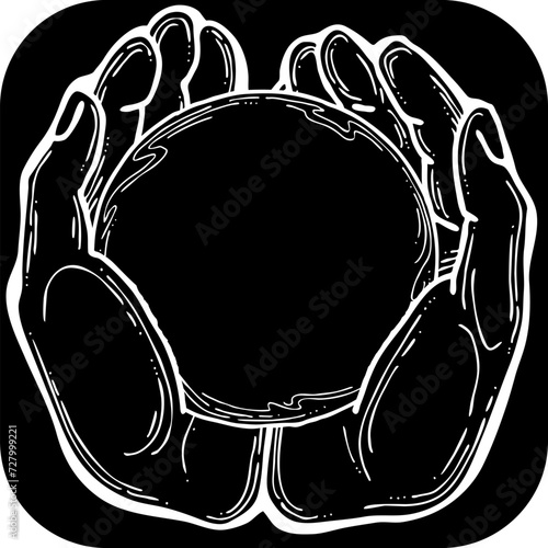 Open hands to care about important things. Background to show, offer and hold product. Magic palmistry prediction by two palms. Hand drawn retro vintage vector illustration. Old style line drawing.