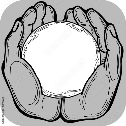 Open hands to care about important things. Background to show, offer and hold product. Magic palmistry prediction by two palms. Hand drawn retro vintage vector illustration. Old style line drawing.