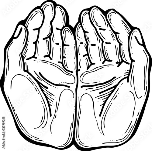 Open hands to care about important things. Background to show, offer and hold product. Magic palmistry prediction by two palms. Hand drawn retro vintage vector illustration. Old style line drawing.