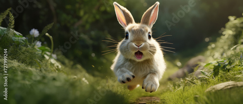Bunny in Mid-Leap Through a Sunlit Forest Clearing