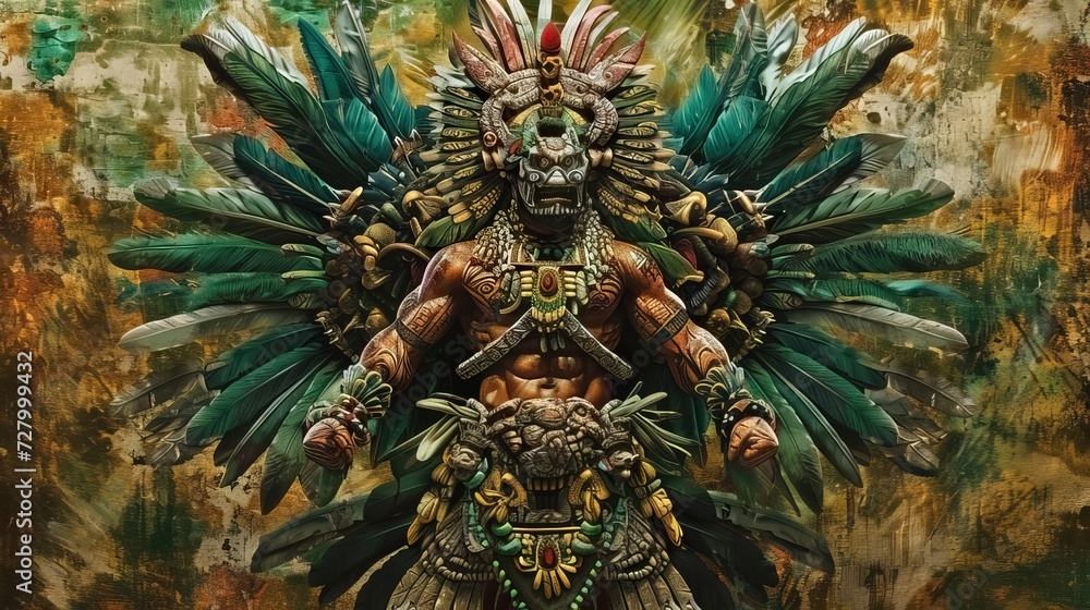 An Aztec deity is depicted in a stylized portrait, showcasing intricate geometric patterns and vibrant details