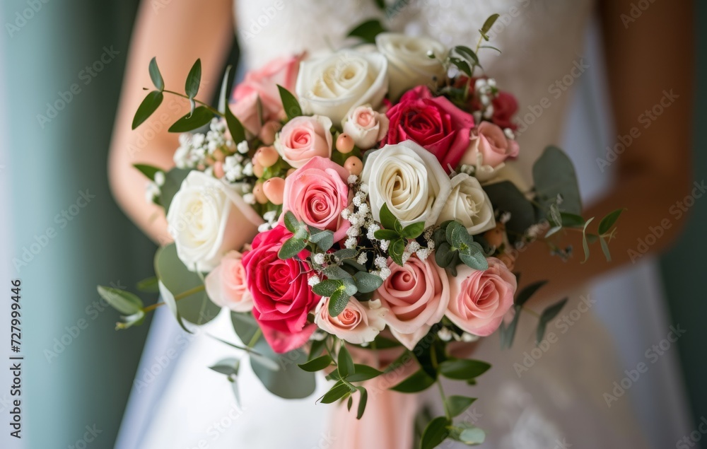 Wedding bouquet in the hands of the bride. Wedding details