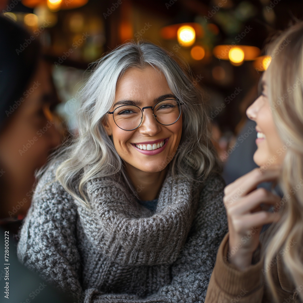 A woman with grey hair and glasses is smiling joyfully while engaging in a warm conversation with friends at a cafe, exuding a sense of contentment and camaraderie. A woman with grey hair and glasses is smiling joyfully while engaging in a warm conversation with friends at a cafe, exuding a sense of contentment and camaraderie.