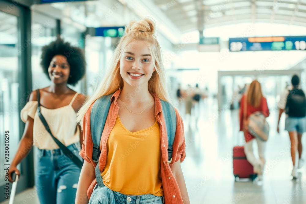 Obraz premium two young female tourist friends entering the airport with their suitcase,