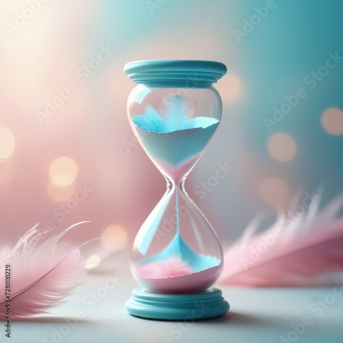 Hourglass with blue feather on pink background. Time concept. 3d rendering