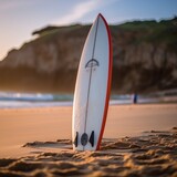 Surfboard on the beach at sunset. Surfboard on the beach. Surfboards on the beach. Vacation and Travel Concept with Copy Space.