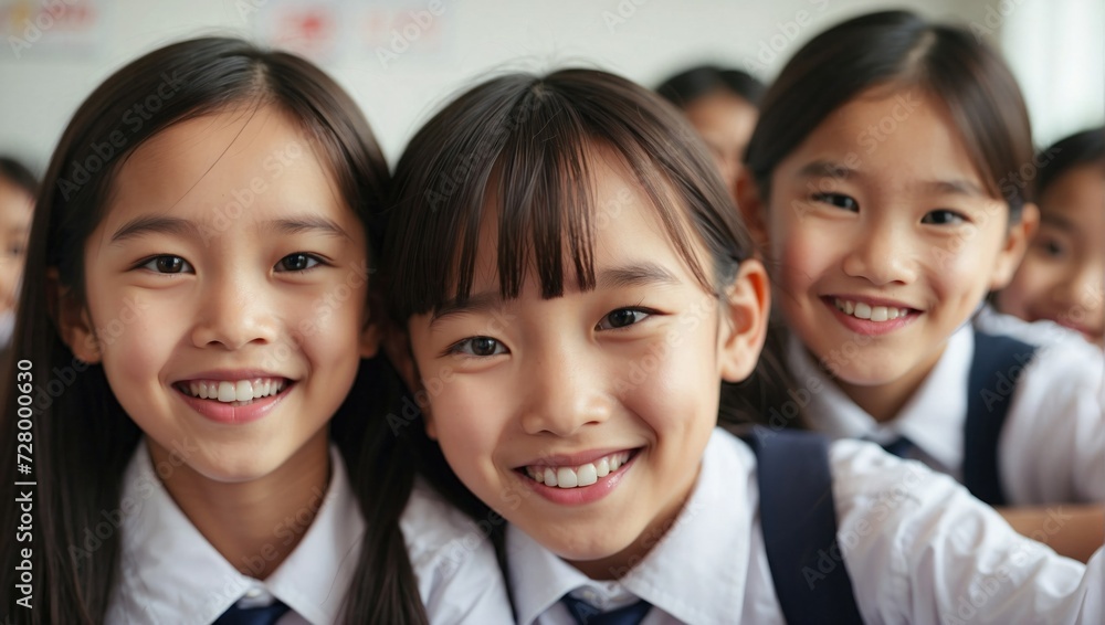 Group selfie of smiling Asian schoolgirls in white shirts and navy blue uniforms, posing together in a classroom environment. Group selfie of smiling Asian schoolgirls in white shirts and navy blue uniforms, posing together in a classroom environment.