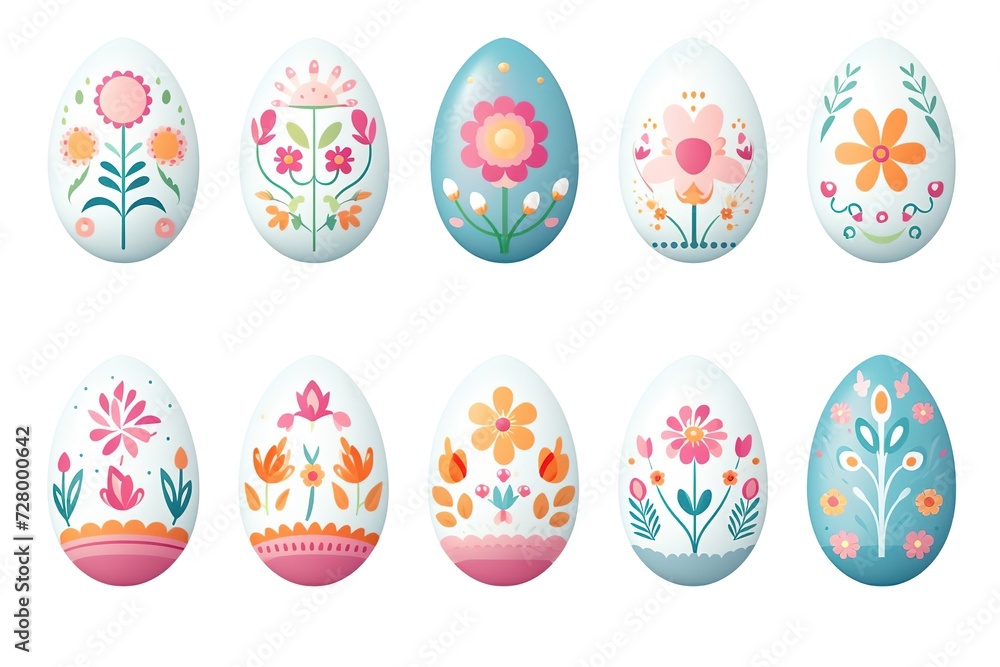 set of Pastel Easter egg assortment with playful nature floral patterns, spring holiday themes and craft inspiration set of Pastel Easter egg assortment with playful nature floral patterns, spring holiday themes and craft inspiration