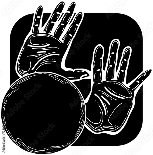 Open hands to care about important things. Background to show, offer and hold product. Magic palmistry prediction by two palms. Hand drawn retro vintage vector illustration. Old style line drawing.