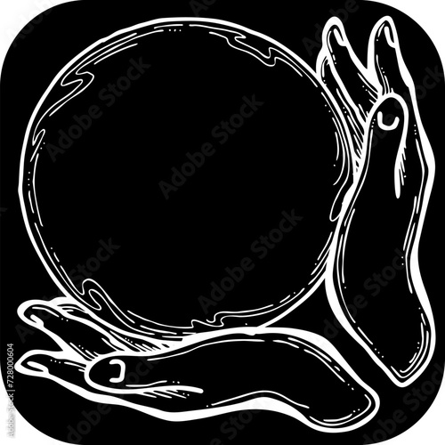 Open hands to care about important things. Background to show, offer and hold product. Magic palmistry prediction by two palms. Hand drawn retro vintage vector illustration. Old style line drawing.