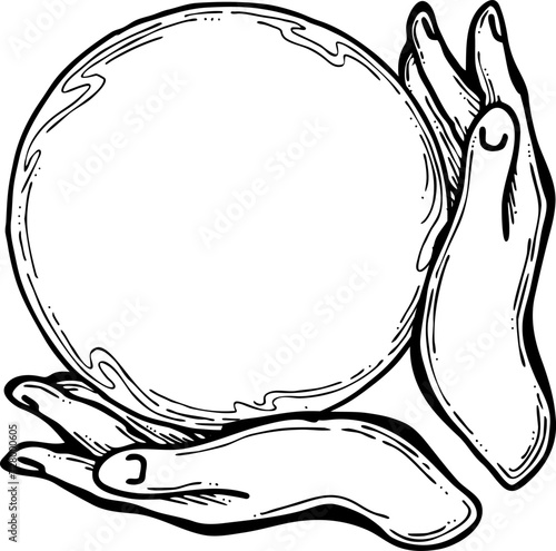 Open hands to care about important things. Background to show, offer and hold product. Magic palmistry prediction by two palms. Hand drawn retro vintage vector illustration. Old style line drawing.