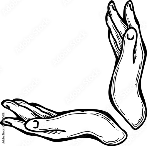 Open hands to care about important things. Background to show, offer and hold product. Magic palmistry prediction by two palms. Hand drawn retro vintage vector illustration. Old style line drawing.