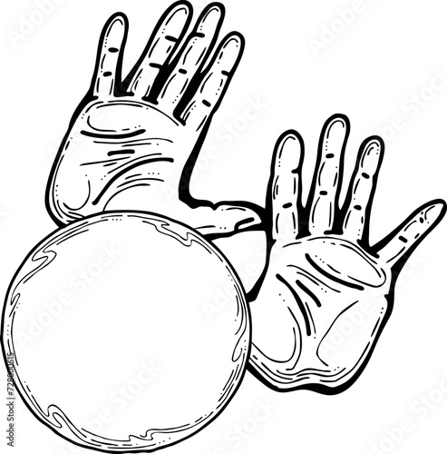 Open hands to care about important things. Background to show, offer and hold product. Magic palmistry prediction by two palms. Hand drawn retro vintage vector illustration. Old style line drawing.