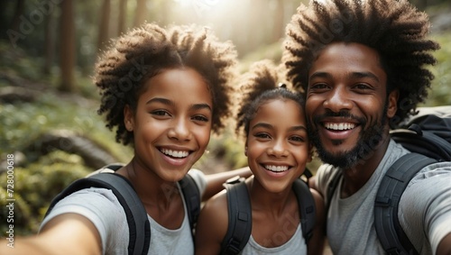Outdoor selfie of a cheerful black family with two children  smiling during a hike in a forest  wearing casual hiking attire and backpacks.