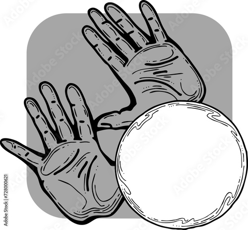 Open hands to care about important things. Background to show, offer and hold product. Magic palmistry prediction by two palms. Hand drawn retro vintage vector illustration. Old style line drawing.