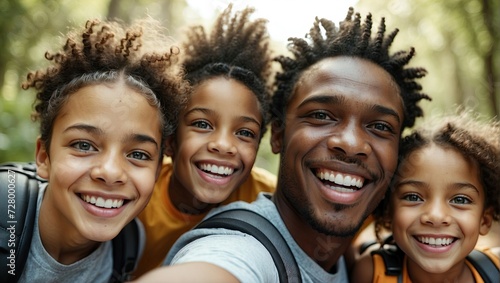 Happy black family with three children taking a selfie in the forest, smiling broadly, wearing casual clothes, and equipped with backpacks.