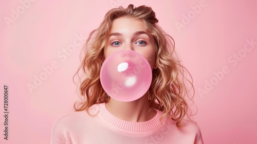 Beautiful girl blows a big pink bubble from bubble gum on pink background