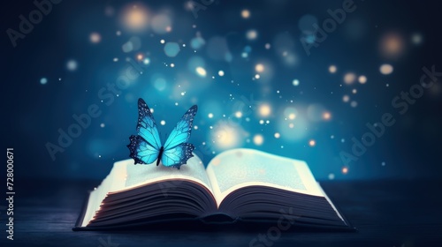 Open book emits light and butterflies for learning concept. Generate AI image © Ghiska