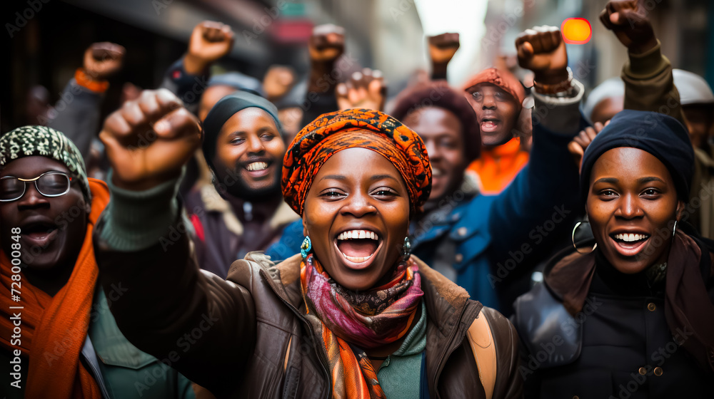 A compelling image of people at a rally, passionately defending their rights and freedom. A powerful visual capturing the spirit of activism and unity. - obrazy, fototapety, plakaty 