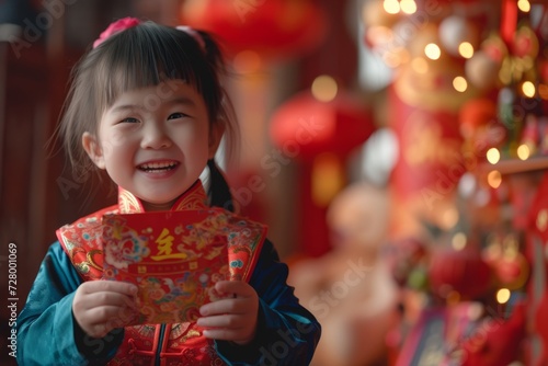 Happy Chinese new year. Asian kid holding red envelopes and smiling.