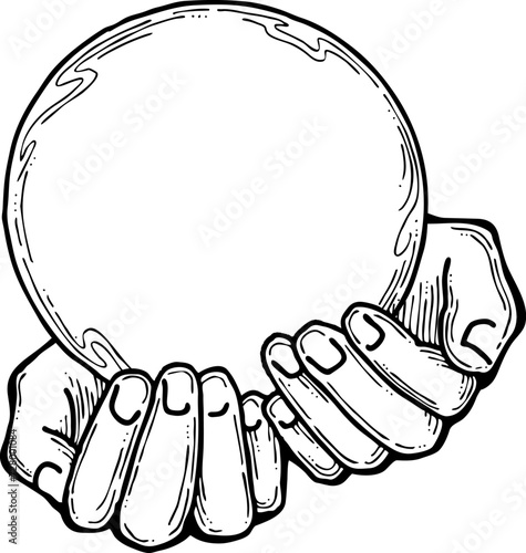 Open hands to care about important things. Background to show, offer and hold product. Magic palmistry prediction by two palms. Hand drawn retro vintage vector illustration. Old style line drawing.
