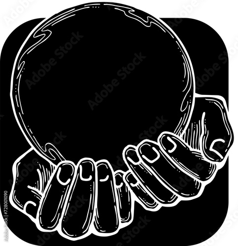 Open hands to care about important things. Background to show, offer and hold product. Magic palmistry prediction by two palms. Hand drawn retro vintage vector illustration. Old style line drawing.