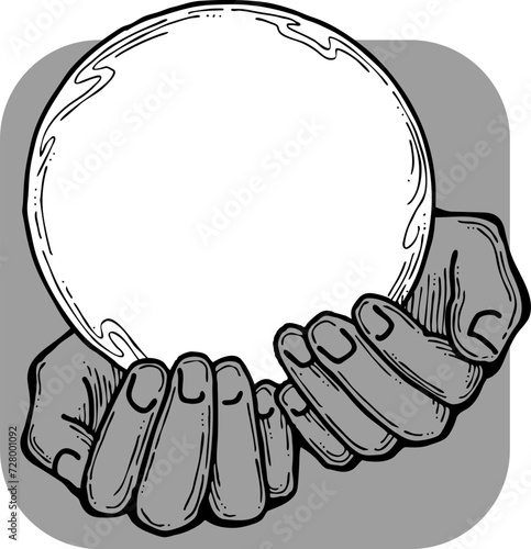 Open hands to care about important things. Background to show, offer and hold product. Magic palmistry prediction by two palms. Hand drawn retro vintage vector illustration. Old style line drawing.